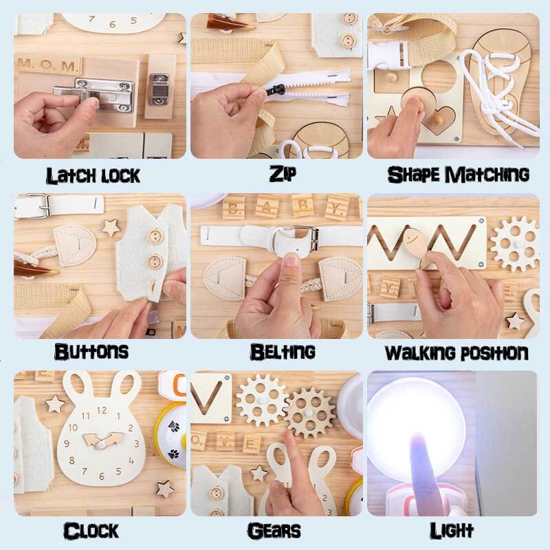 Montessori Wooden Activity Board for Toddlers - Develops Fine Motor Skills & Life Skills